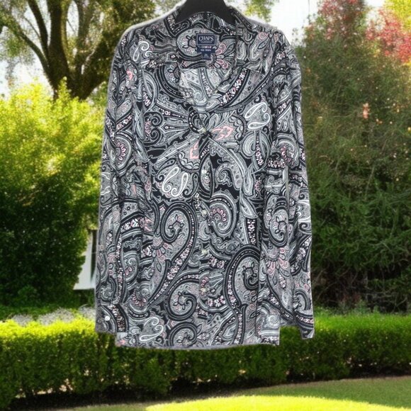 Chaps 2X Plus Size Navy Blue Paisley Long Sleeve Blouse - Picture 1 of 3